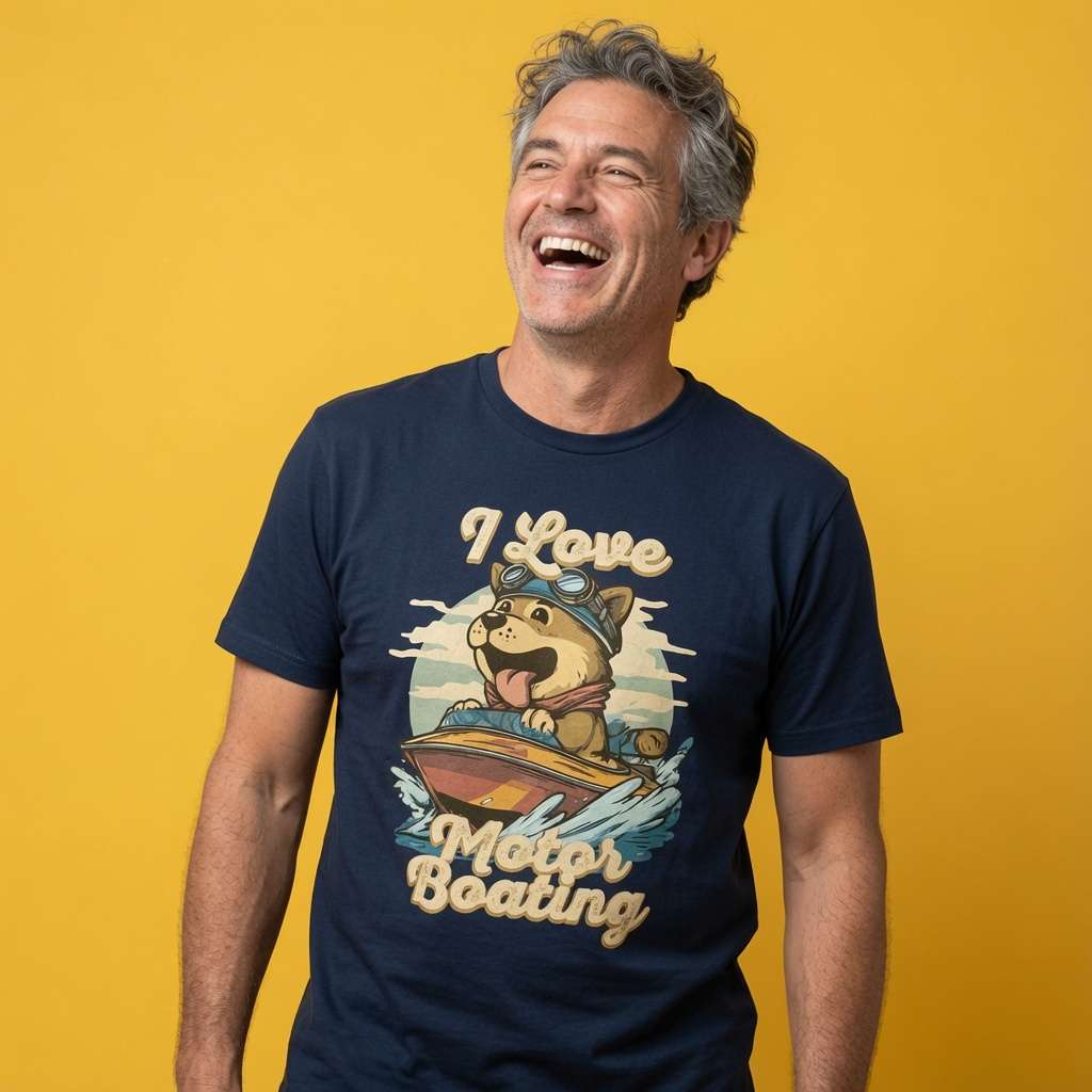 Man laughing with head tilted back while wearing a navy I Love Motorboating t-shirt featuring a cartoon dog in a speedboat, funny mens motorboating dog design full of pure attitude