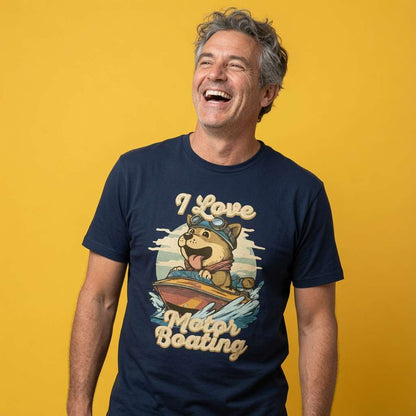 Man laughing with head tilted back while wearing a navy I Love Motorboating t-shirt featuring a cartoon dog in a speedboat, funny mens motorboating dog design full of pure attitude
