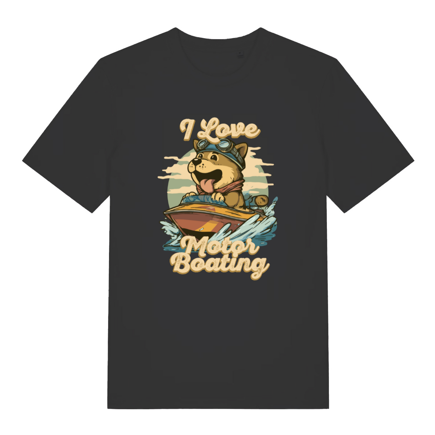 black funny offensive t-shirt with the graphic of a dog on a boat sticking it's tongue out and the slogan 'i love motor boating'