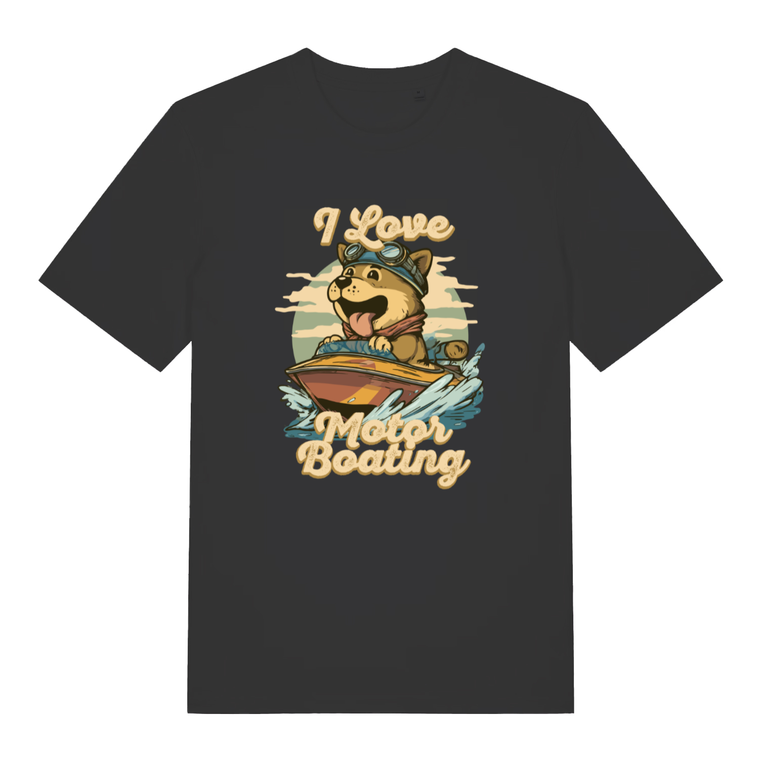 black funny offensive t-shirt with the graphic of a dog on a boat sticking it's tongue out and the slogan 'i love motor boating'