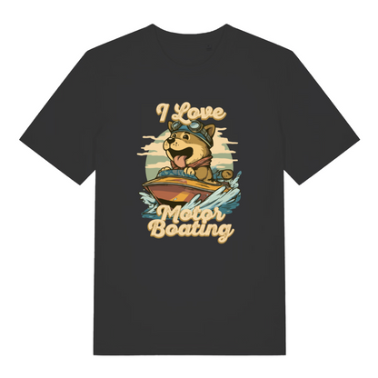 black funny offensive t-shirt with the graphic of a dog on a boat sticking it's tongue out and the slogan 'i love motor boating'