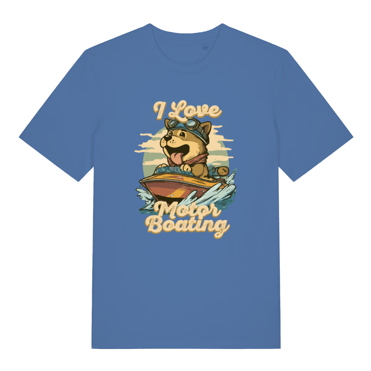 blue funny offensive t-shirt with the graphic of a dog on a boat sticking it's tongue out and the slogan 'i love motor boating'