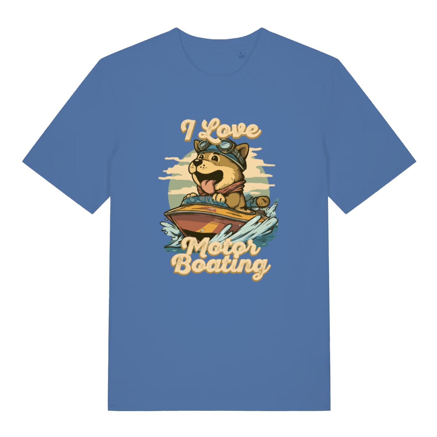 blue funny offensive t-shirt with the graphic of a dog on a boat sticking it's tongue out and the slogan 'i love motor boating'