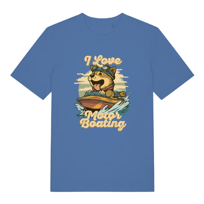 blue funny offensive t-shirt with the graphic of a dog on a boat sticking it's tongue out and the slogan 'i love motor boating'