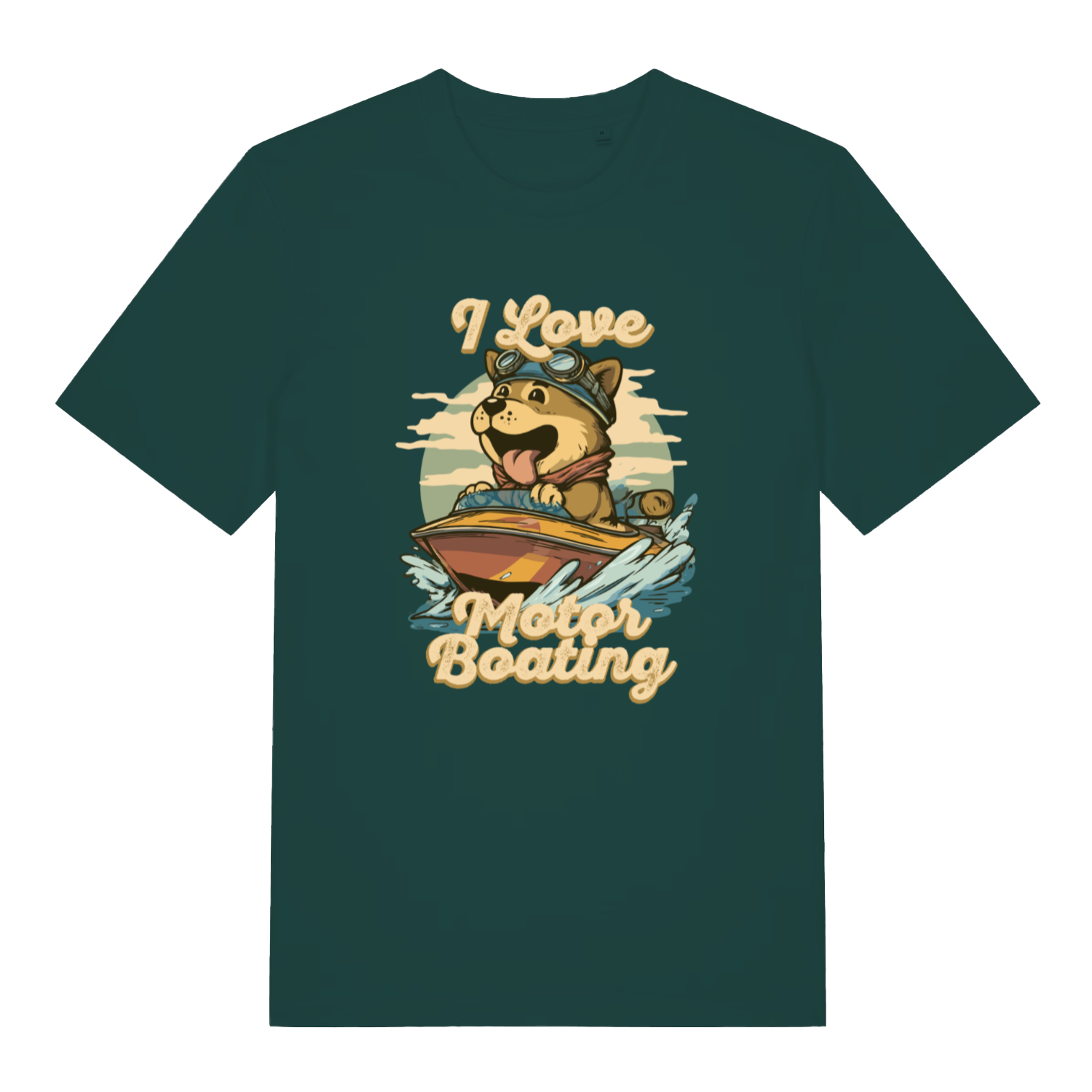green funny offensive t-shirt with the graphic of a dog on a boat sticking it's tongue out and the slogan 'i love motor boating'