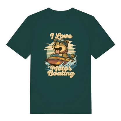green funny offensive t-shirt with the graphic of a dog on a boat sticking it's tongue out and the slogan 'i love motor boating'