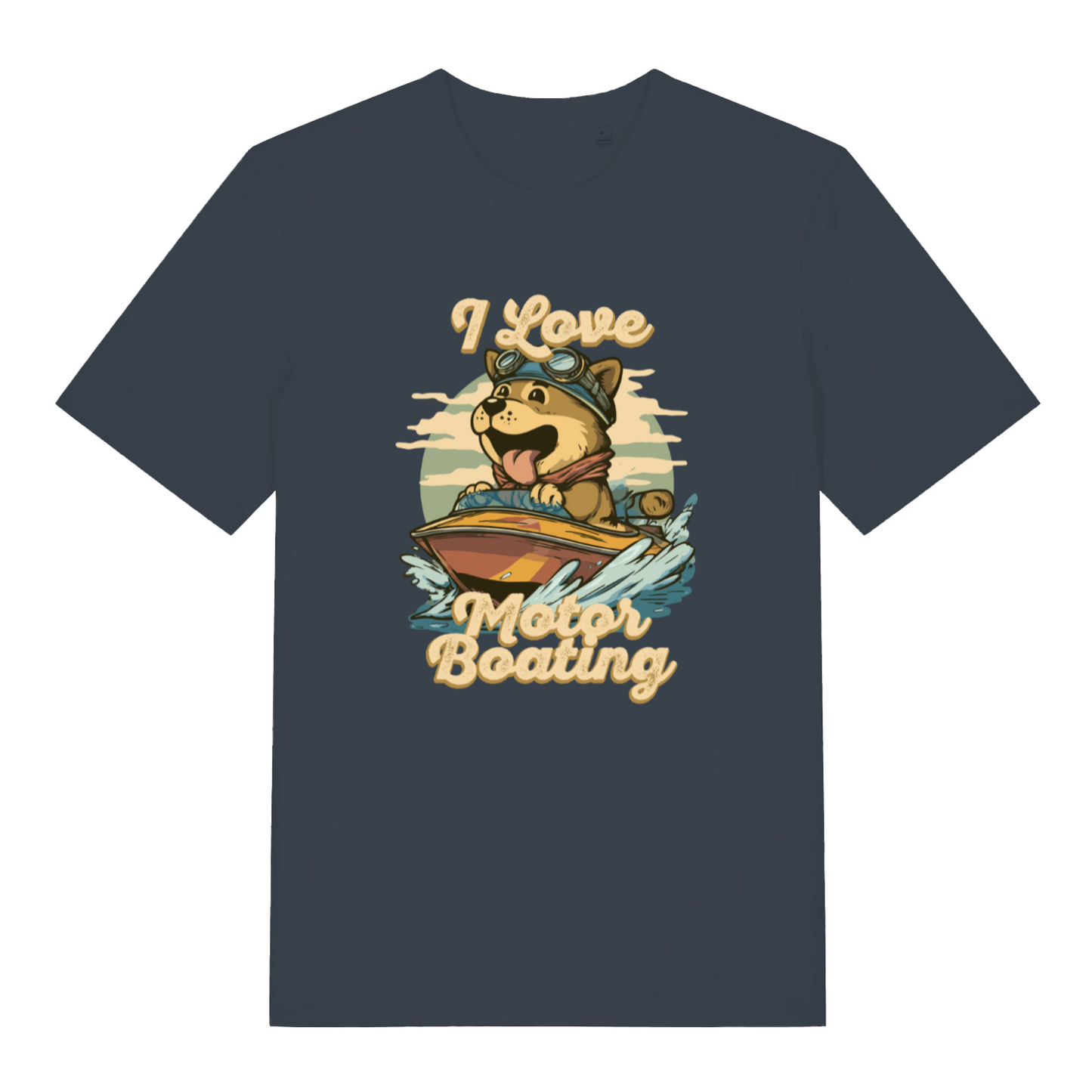 ink grey funny offensive t-shirt with the graphic of a dog on a boat sticking it's tongue out and the slogan 'i love motor boating'