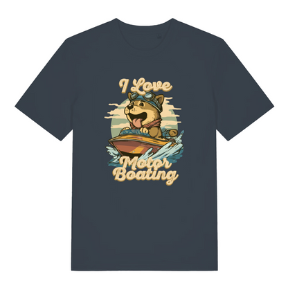 ink grey funny offensive t-shirt with the graphic of a dog on a boat sticking it's tongue out and the slogan 'i love motor boating'