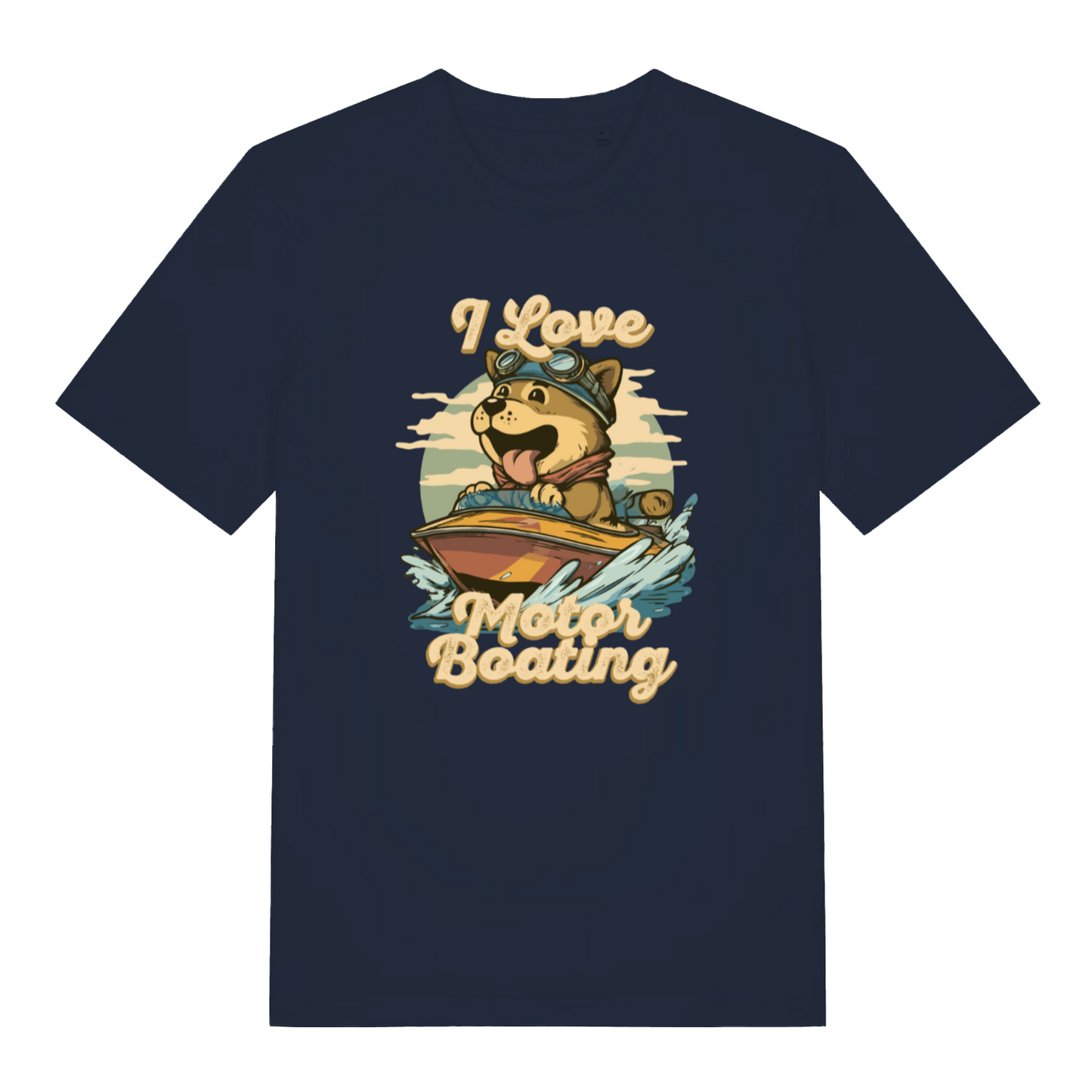 navy funny offensive t-shirt with the graphic of a dog on a boat sticking it's tongue out and the slogan 'i love motor boating'