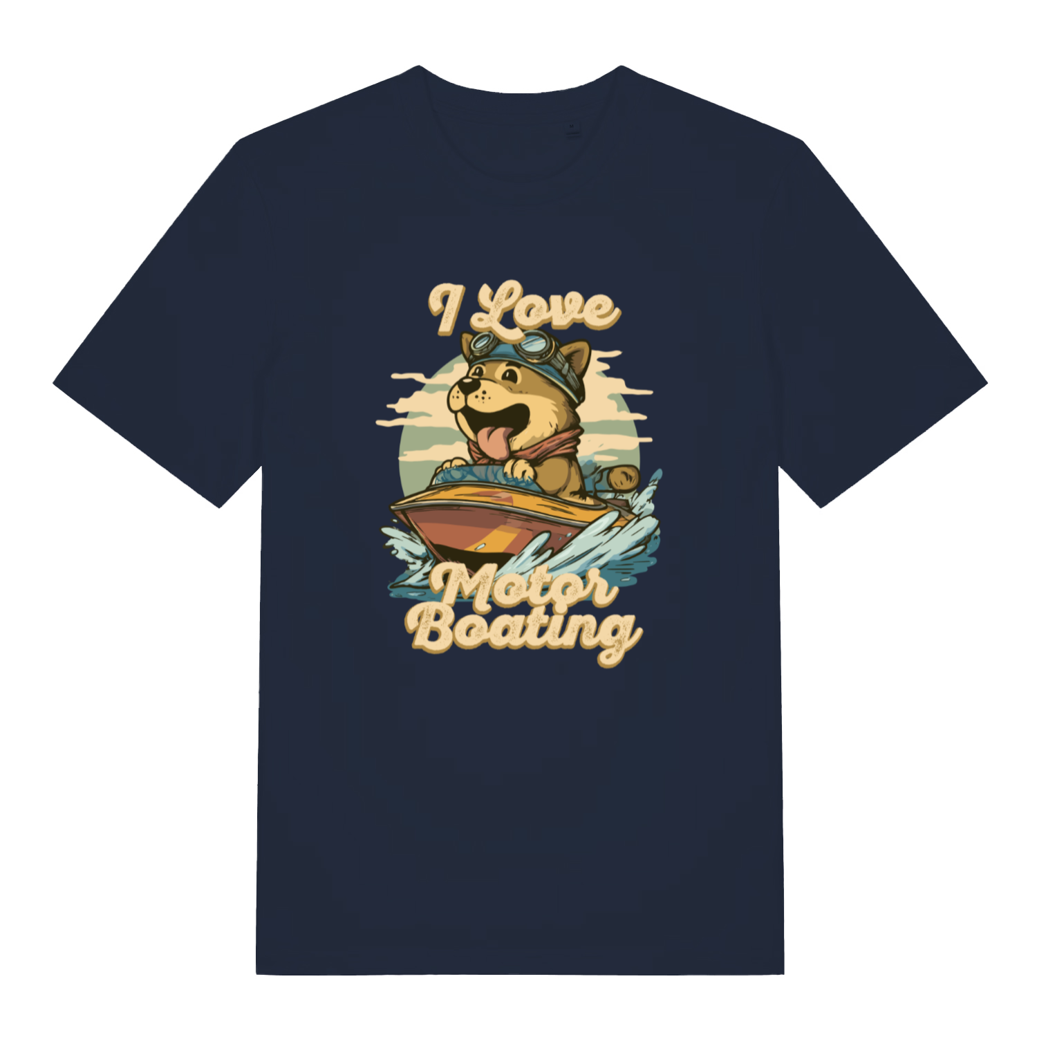 navy funny offensive t-shirt with the graphic of a dog on a boat sticking it's tongue out and the slogan 'i love motor boating'