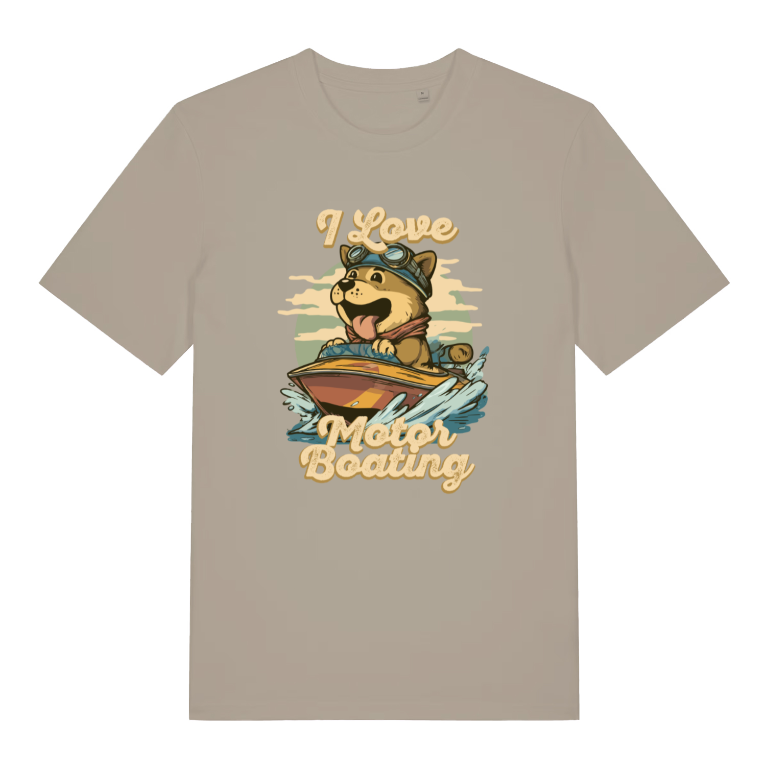stone funny offensive t-shirt with the graphic of a dog on a boat sticking it's tongue out and the slogan 'i love motor boating'