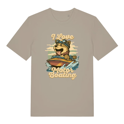 stone funny offensive t-shirt with the graphic of a dog on a boat sticking it's tongue out and the slogan 'i love motor boating'