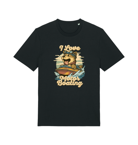 Black funny offensive t-shirt with a graphic of a dog on a boat and text 'I Love Motor Boating'