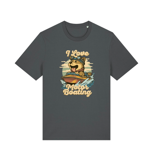 grey funny offensive t-shirt with a graphic of a dog on a boat and text 'I Love Motor Boating'