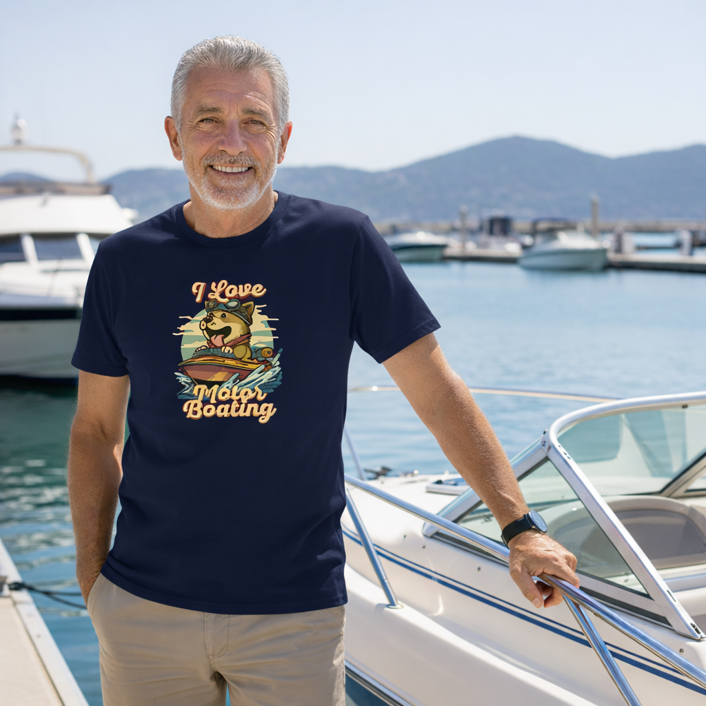 Man wearing a navy blue t-shirt with a 'I Love Motor Boating' graphic design, standing on a boat docked at a marina.