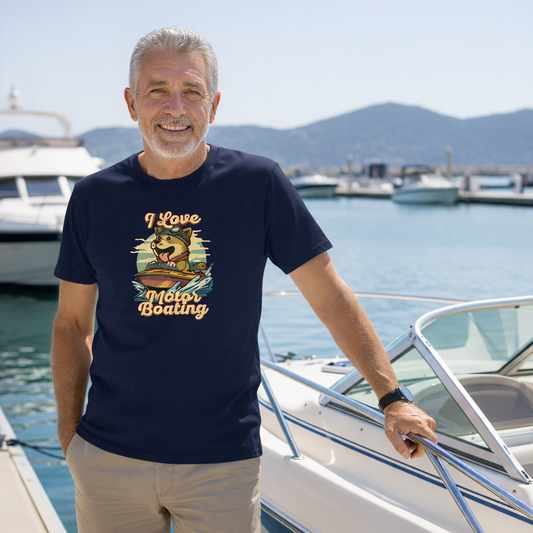 Man wearing a navy blue t-shirt with a 'I Love Motor Boating' graphic design, standing on a boat docked at a marina.