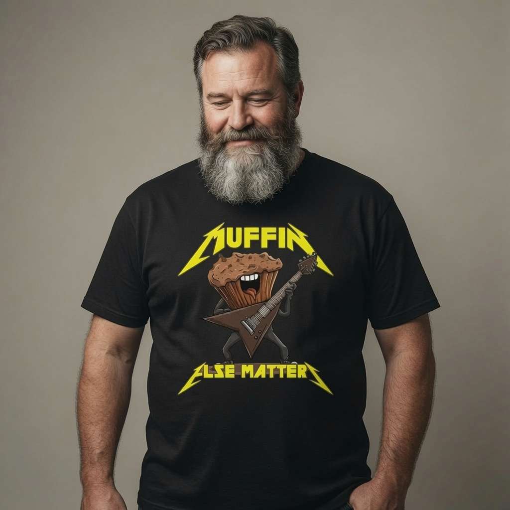 Older bearded man smiling looking down in black Muffin Else Matters tee, fun witty music inspired cake
