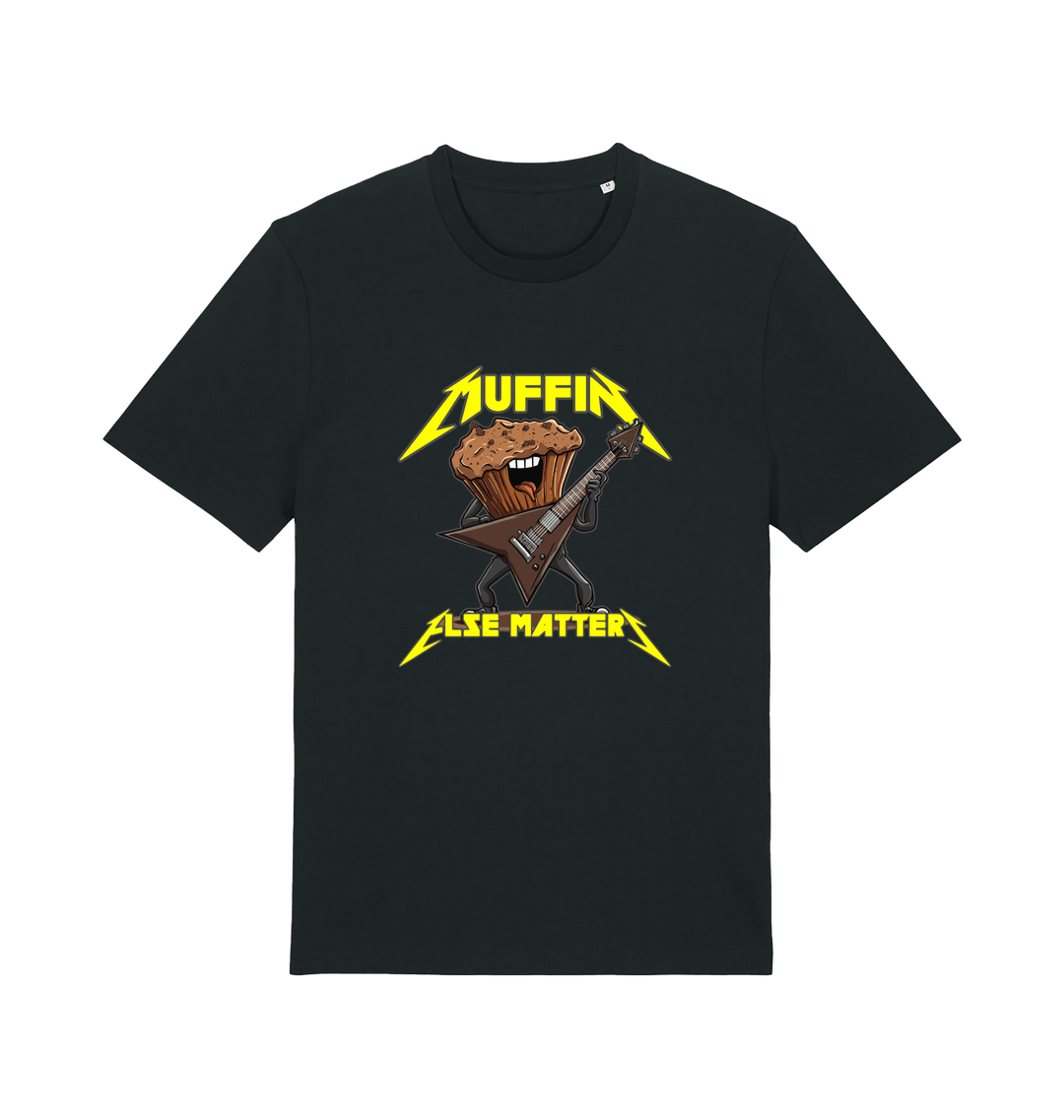 Black funny t-shirt with a graphic design of a muffin and guitar, featuring the slogan 'Muffin Else Matters'.