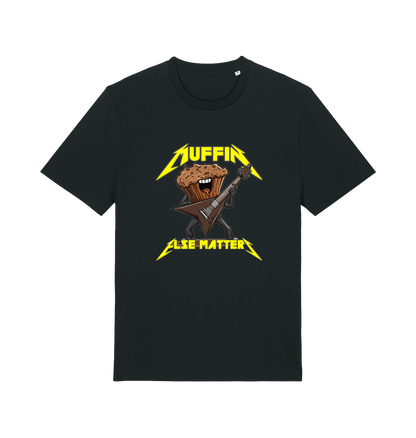 Black funny t-shirt with a graphic design of a muffin and guitar, featuring the slogan 'Muffin Else Matters'.