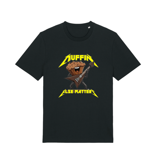 Black funny t-shirt with a graphic design of a muffin and guitar, featuring the slogan 'Muffin Else Matters'.