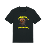 Black funny t-shirt with a graphic design of a muffin and guitar, featuring the slogan 'Muffin Else Matters'.