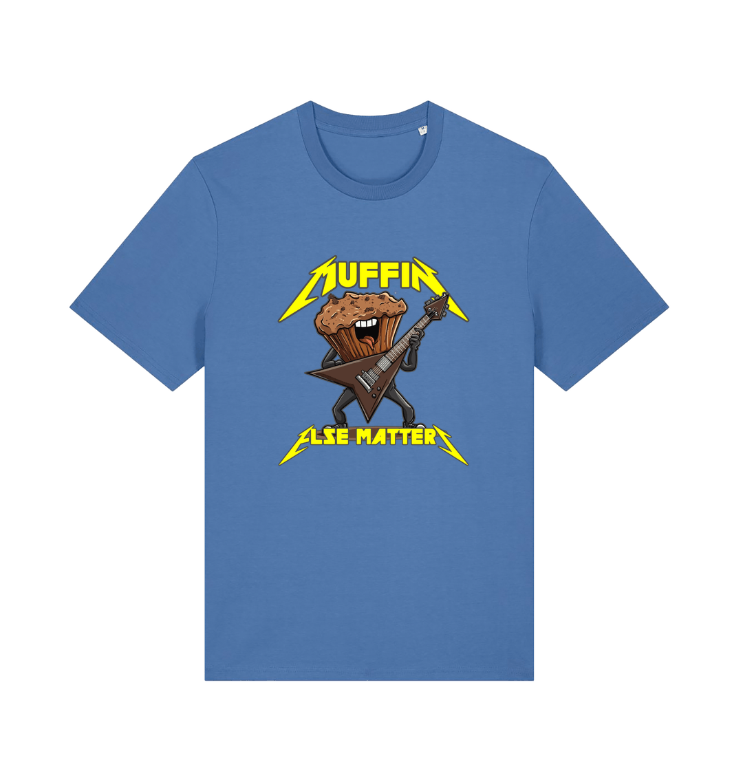 blue funny t-shirt with a graphic design of a muffin and guitar, featuring the slogan 'Muffin Else Matters'.