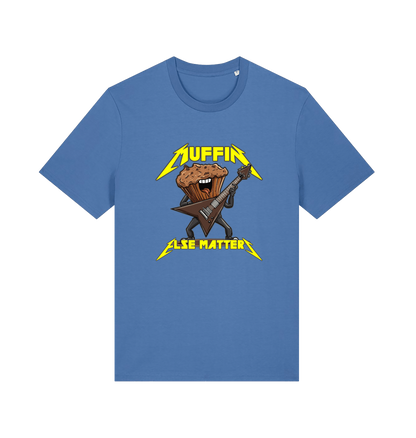 blue funny t-shirt with a graphic design of a muffin and guitar, featuring the slogan 'Muffin Else Matters'.