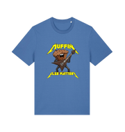 blue funny t-shirt with a graphic design of a muffin and guitar, featuring the slogan 'Muffin Else Matters'.