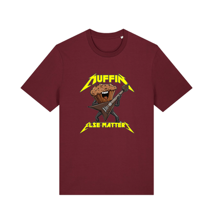 burgundy funny t-shirt with a graphic design of a muffin and guitar, featuring the slogan 'Muffin Else Matters'.