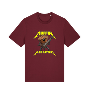 burgundy funny t-shirt with a graphic design of a muffin and guitar, featuring the slogan 'Muffin Else Matters'.