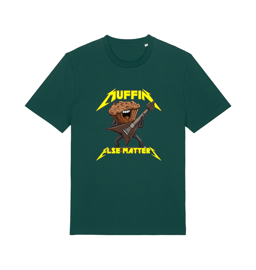 green funny t-shirt with a graphic design of a muffin and guitar, featuring the slogan 'Muffin Else Matters'.