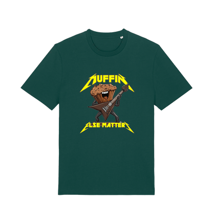 green funny t-shirt with a graphic design of a muffin and guitar, featuring the slogan 'Muffin Else Matters'.