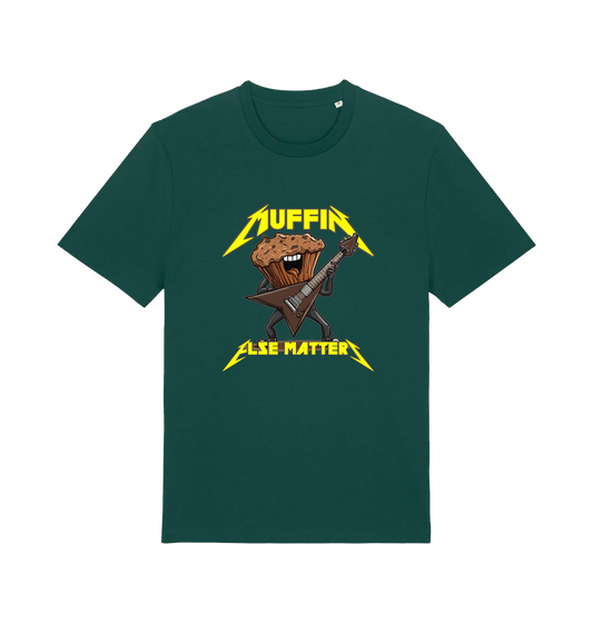 green funny t-shirt with a graphic design of a muffin and guitar, featuring the slogan 'Muffin Else Matters'.