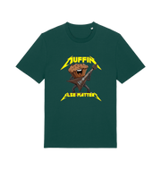 green funny t-shirt with a graphic design of a muffin and guitar, featuring the slogan 'Muffin Else Matters'.