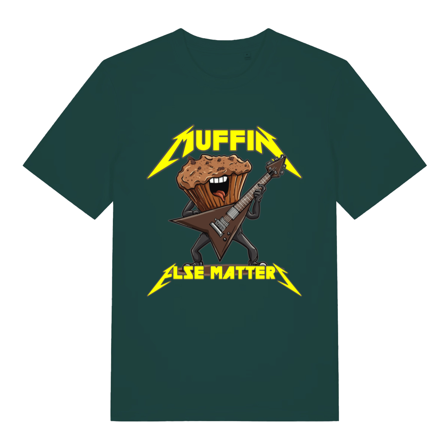 Green Muffin Else Matters funny graphic t-shirt with muffin shredding guitar and bold yellow text  