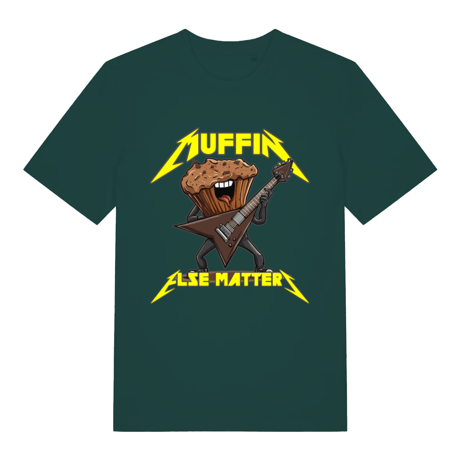 Green Muffin Else Matters funny graphic t-shirt with muffin shredding guitar and bold yellow text  