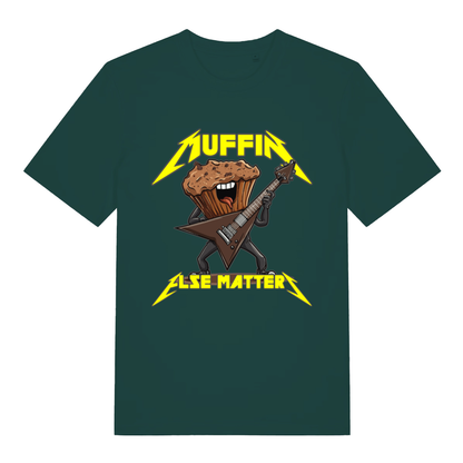 Green Muffin Else Matters funny graphic t-shirt with muffin shredding guitar and bold yellow text  