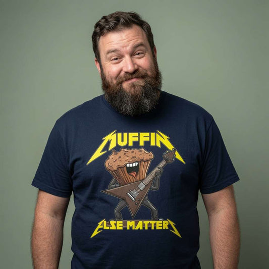 Bearded man smiling in navy Muffin Else Matters t-shirt featuring muffin with guitar, cheeky mens music parody cake pun