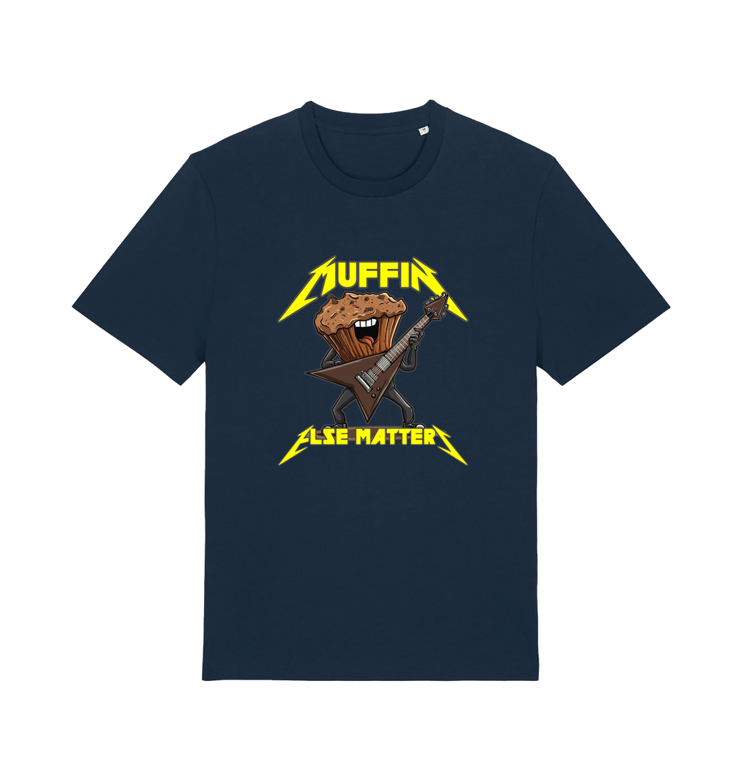 navy funny t-shirt with a graphic design of a muffin and guitar, featuring the slogan 'Muffin Else Matters'.