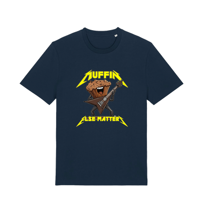 navy funny t-shirt with a graphic design of a muffin and guitar, featuring the slogan 'Muffin Else Matters'.