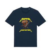 navy funny t-shirt with a graphic design of a muffin and guitar, featuring the slogan 'Muffin Else Matters'.