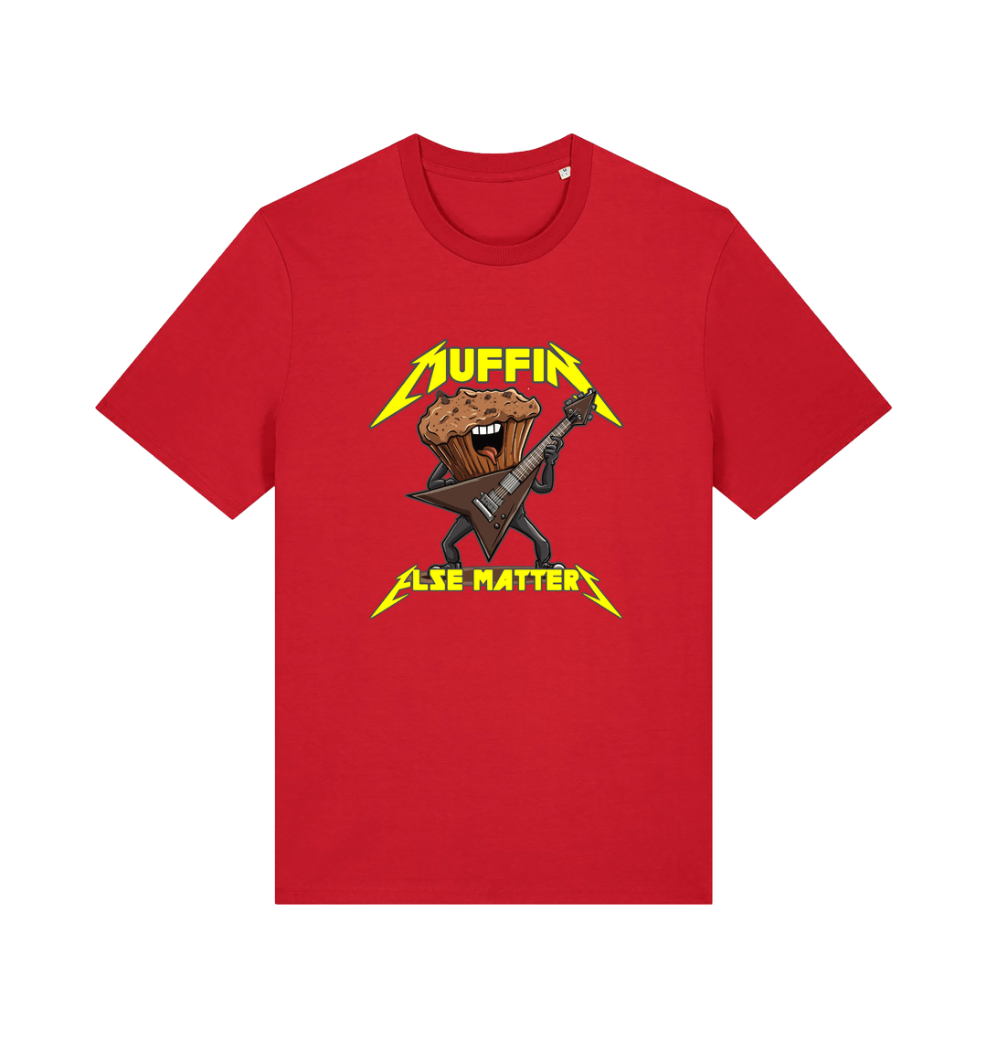 red funny t-shirt with a graphic design of a muffin and guitar, featuring the slogan 'Muffin Else Matters'.