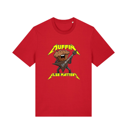red funny t-shirt with a graphic design of a muffin and guitar, featuring the slogan 'Muffin Else Matters'.