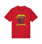 red funny t-shirt with a graphic design of a muffin and guitar, featuring the slogan 'Muffin Else Matters'.
