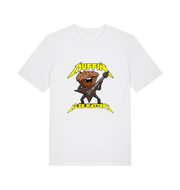 white funny t-shirt with a graphic design of a muffin and guitar, featuring the slogan 'Muffin Else Matters'.