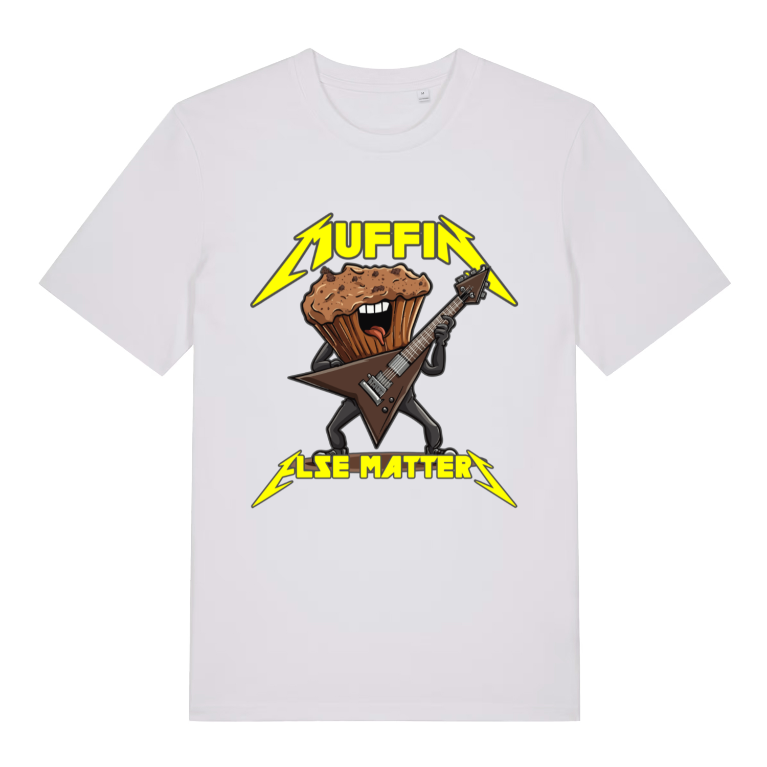 White Muffin Else Matters funny graphic t-shirt with detailed muffin guitarist and classic logo  