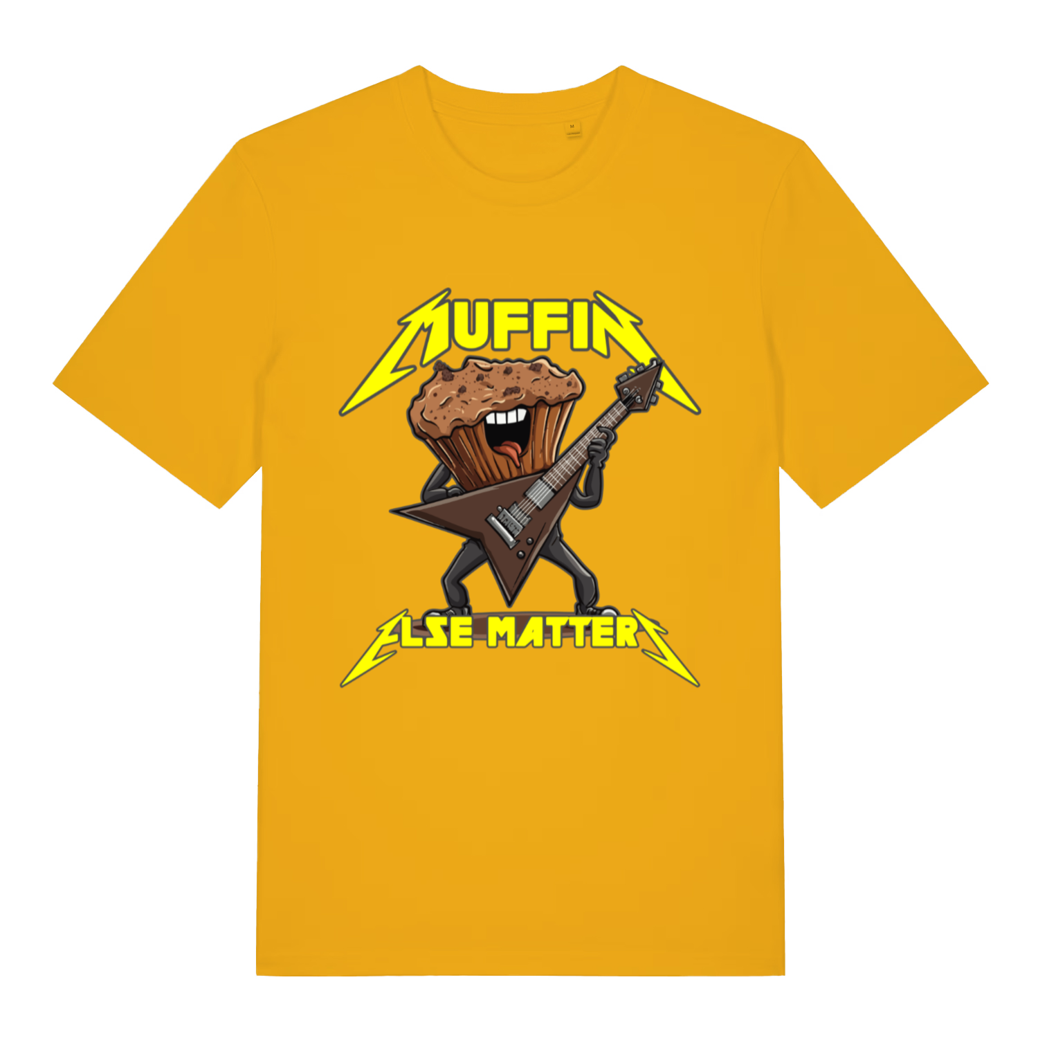 Yellow Muffin Else Matters funny graphic t-shirt featuring muffin with flying-V and bold lettering  