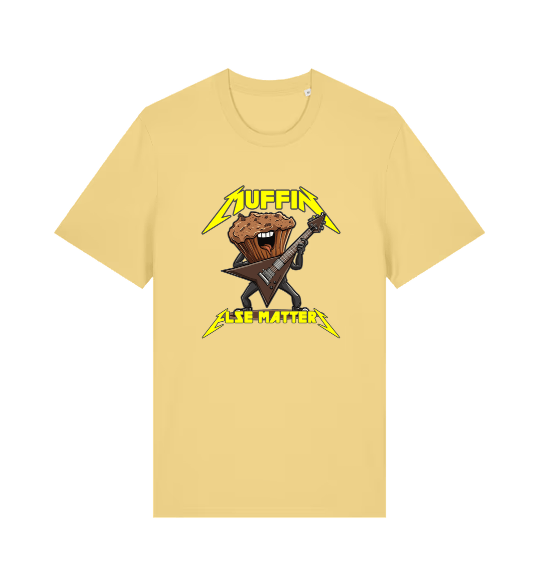 yellow funny t-shirt with a graphic design of a muffin and guitar, featuring the slogan 'Muffin Else Matters'.