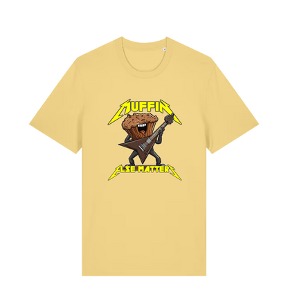 yellow funny t-shirt with a graphic design of a muffin and guitar, featuring the slogan 'Muffin Else Matters'.