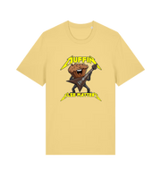 yellow funny t-shirt with a graphic design of a muffin and guitar, featuring the slogan 'Muffin Else Matters'.